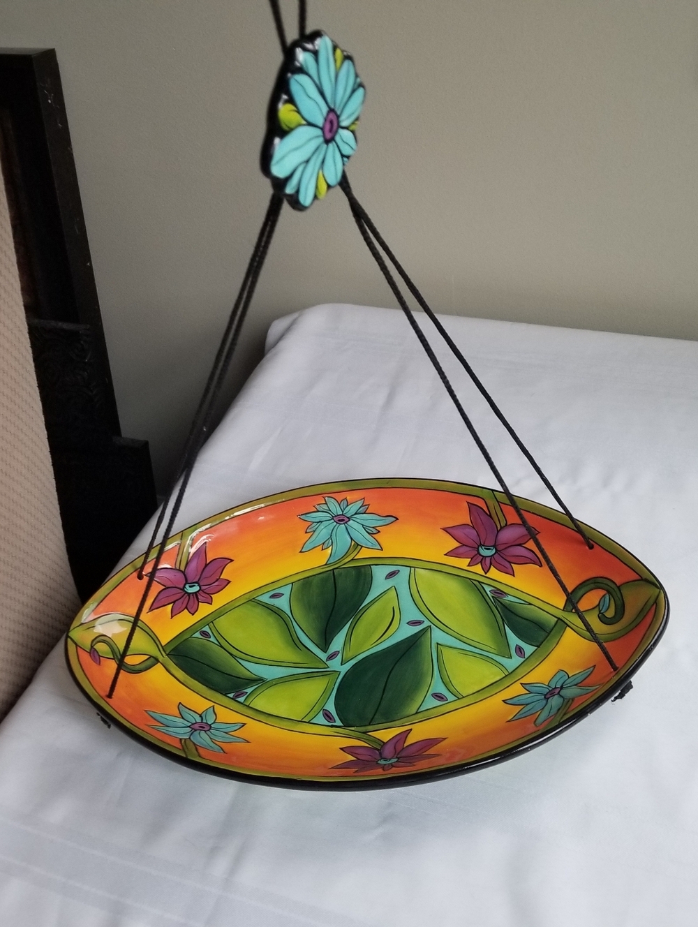 Terri Kern Artist Colorful Hand-Painted Hanging Ceramic Platter Bird Bath Feeder - Picture 9 of 9